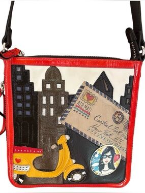 Brighton Red and Black Cityscape Crossbody with Yellow Scooter